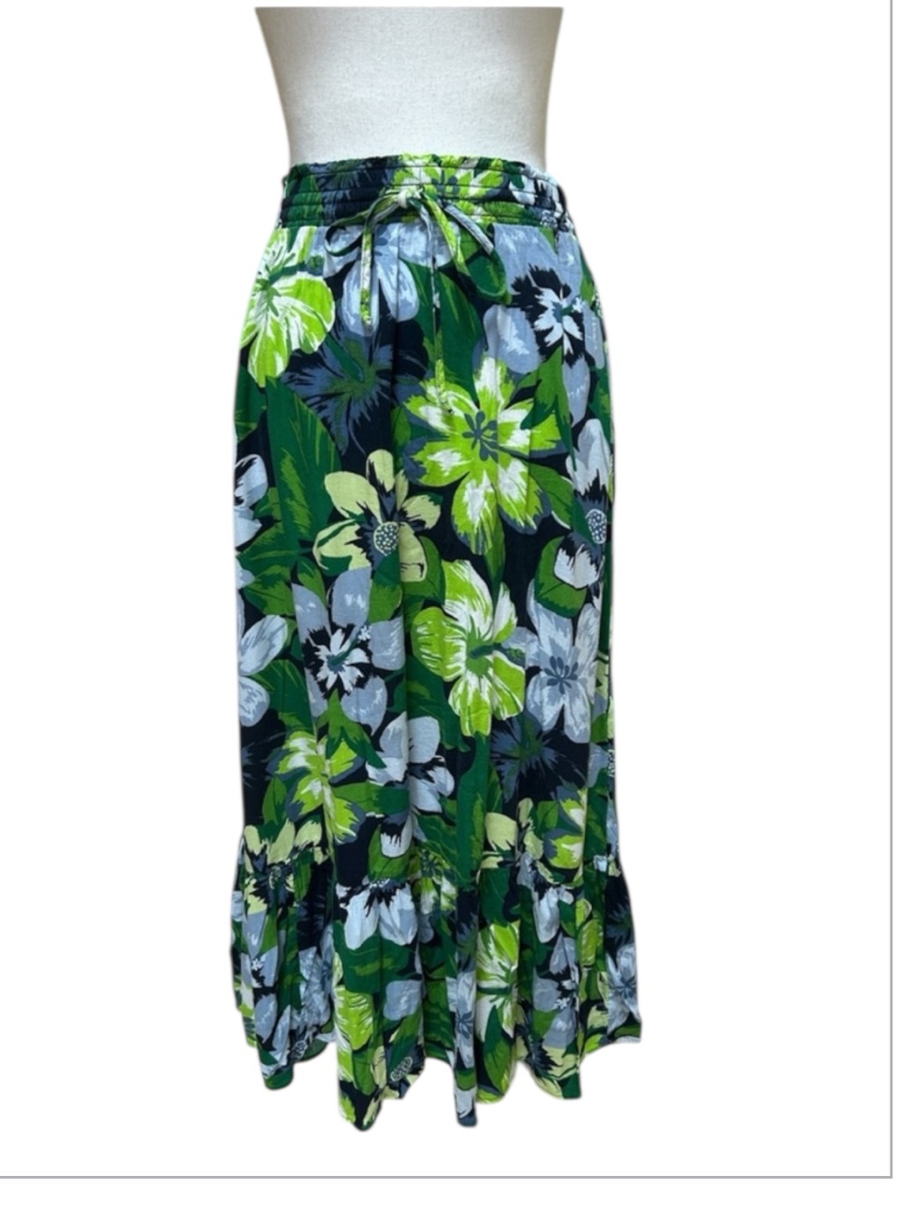 Aerie Floral Green Blue Smocked Tie Drawstring Elastic Waist Tiered MIDI Skirt S